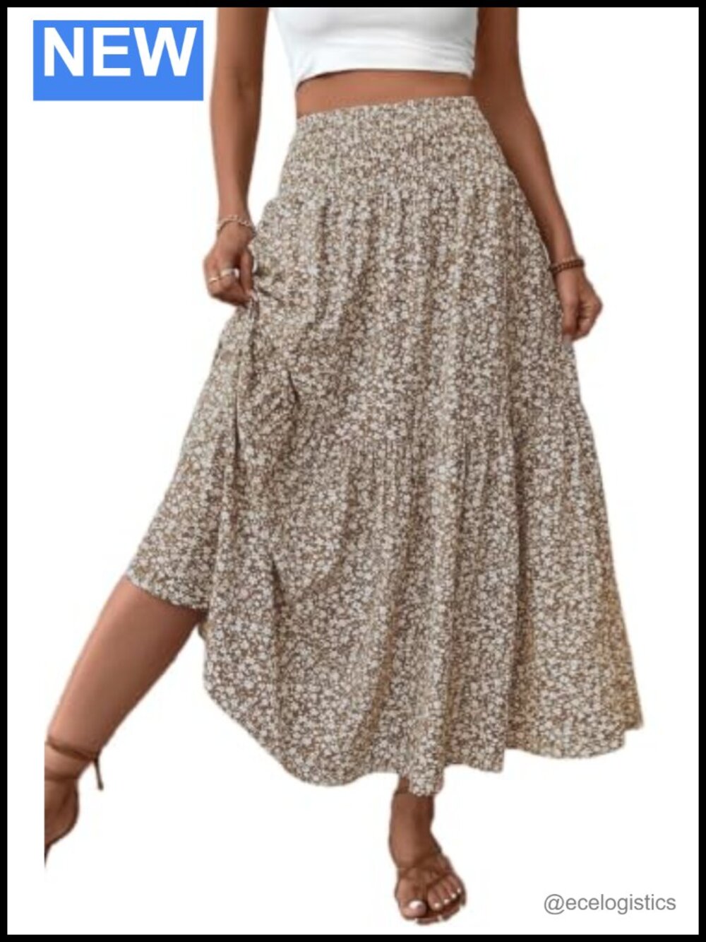 Women's Boho Maxi Skirt Floral Smocked High Waist Long Skirts with Pockets